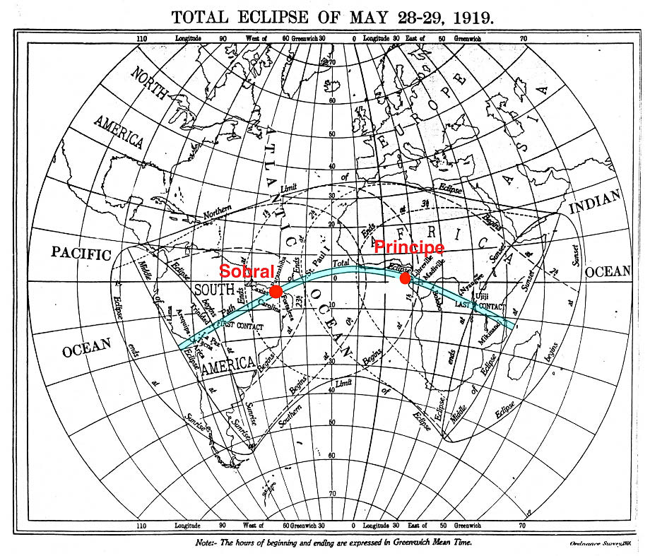 The line of the 1919 total eclipse crossed the equator, stretching from South America to Uganda. Image adapted from the The Nautical Almanac for the year 1919.